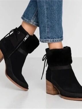 UGG Black Faux-Fur Cuff Lace-Up Ankle Booties with Stacked Heel